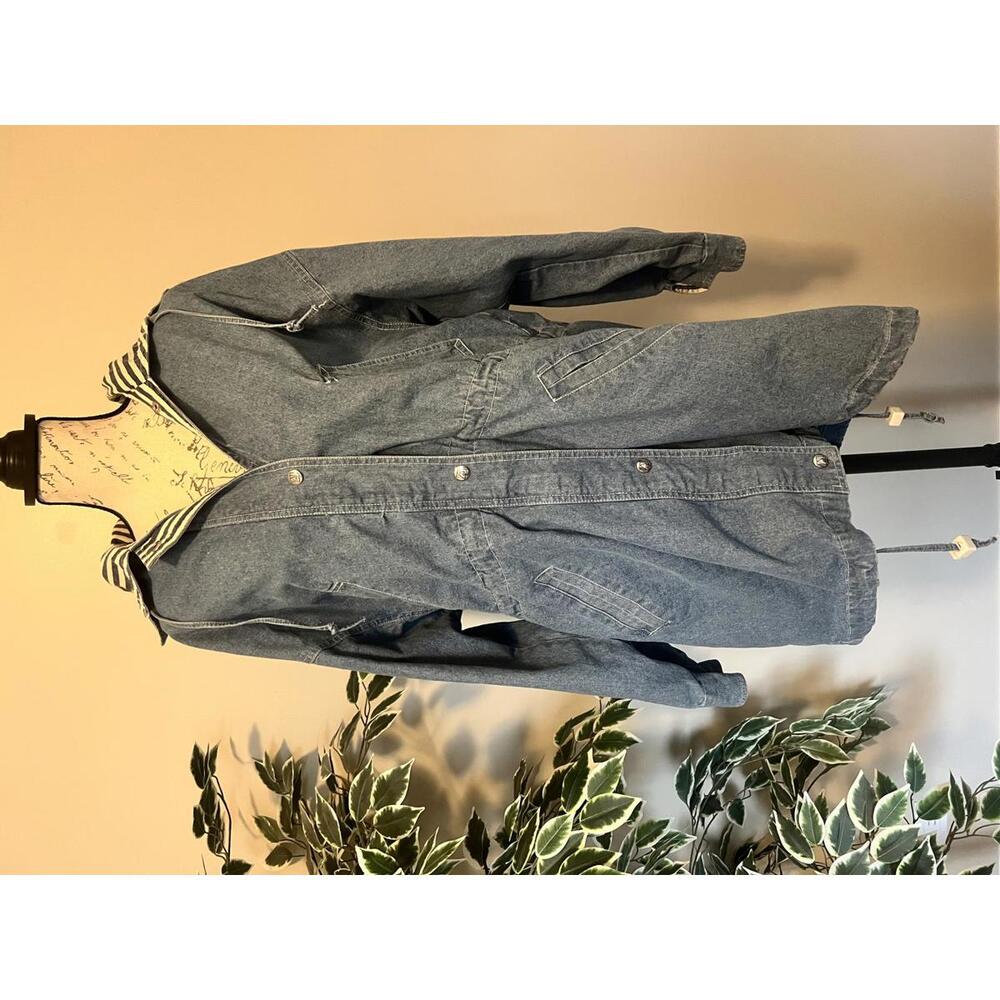 VINTAGE Y2K Andy Johns Denim Parka Jacket | L | Striped Hood & Lining
